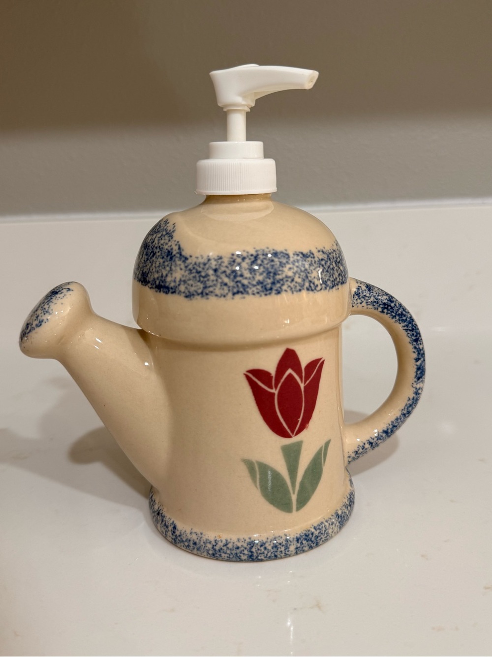 Cream Ceramic Tulip Soap Dispenser with Blue Speckle Accent